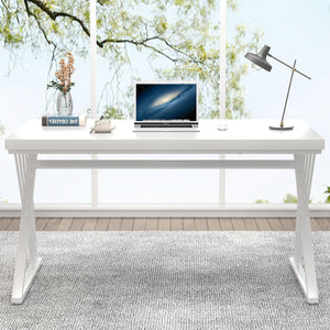 Modern White Desk, Rustic Wood and Metal Computer Desk for Home Office, Simple Writing Work PC Desks for Bedroom, Industrial Study Gaming Table for Living Room, White, 53 Inch