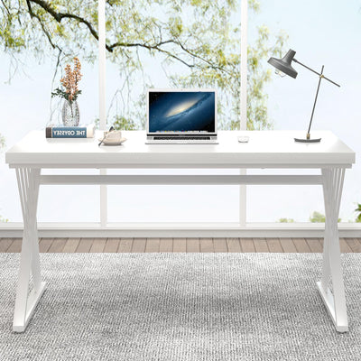 Modern White Desk, Rustic Wood and Metal Computer Desk for Home Office, Simple Writing Work PC Desks for Bedroom, Industrial Study Gaming Table for Living Room, White, 53 Inch