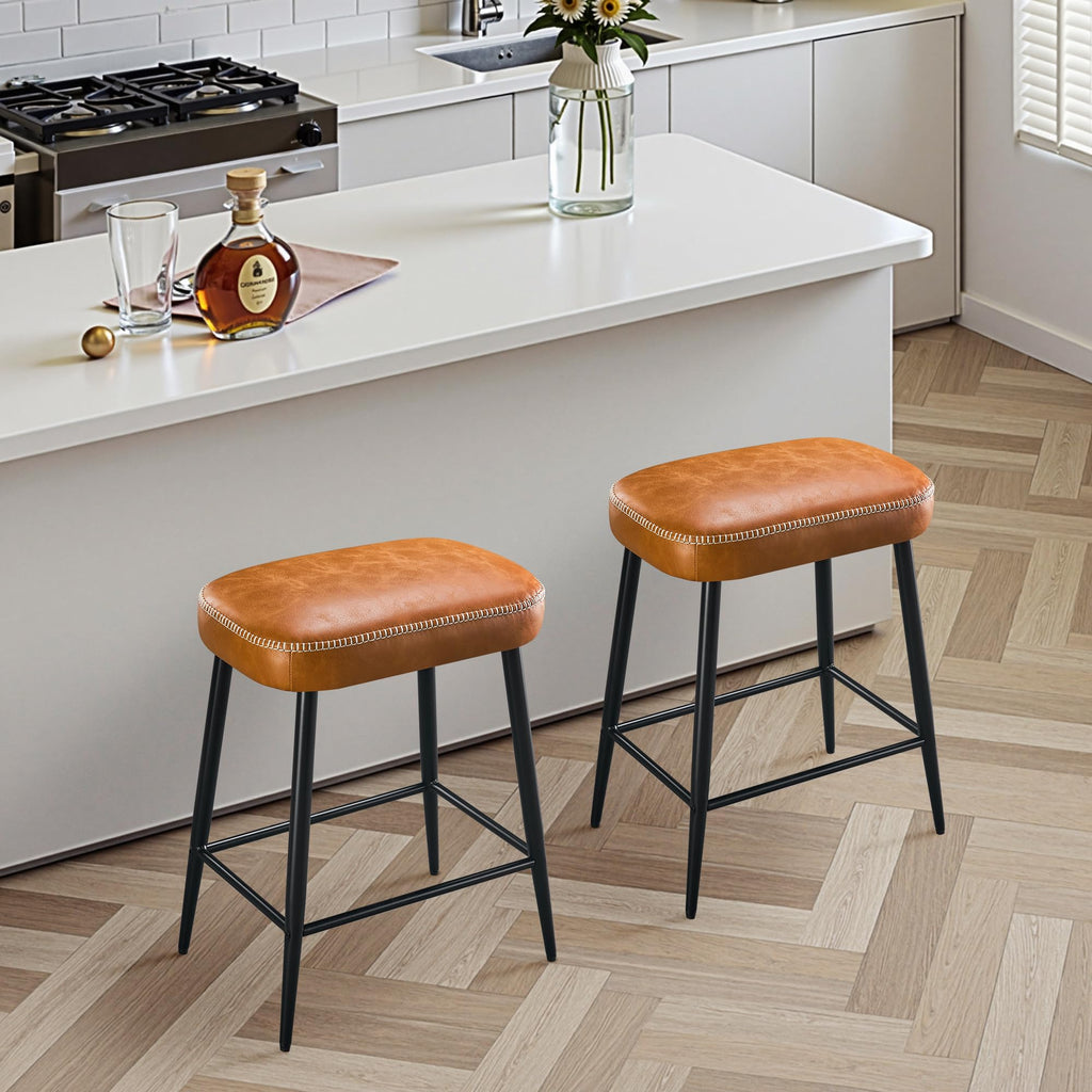 24 Inch Bar Stools Set of 2, Counter Height Bar Stool for Kitchen Island, Metal Bar Stools for Counter, Modern Kitchen Stools with Sturdy Metal Base and Adjustable Foot Pins, Brown