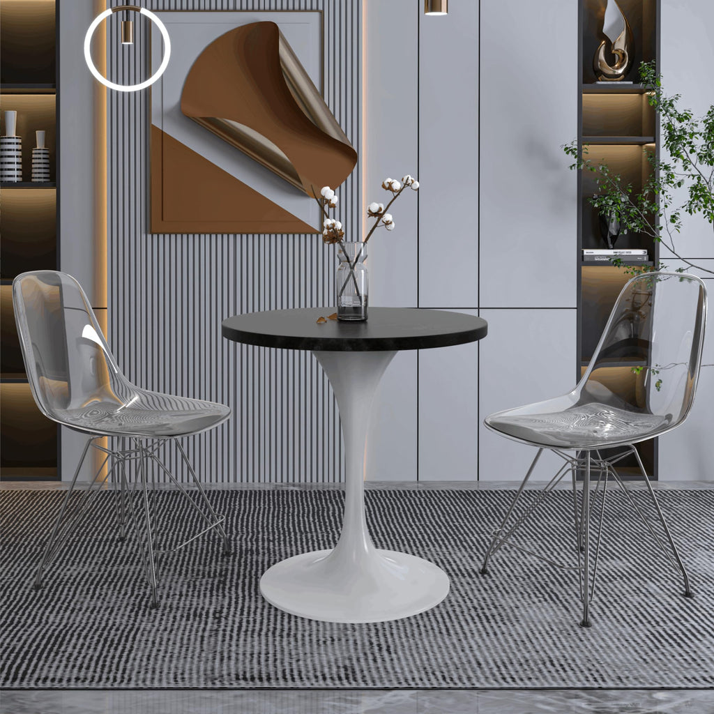 Mid-Century Modern 27 Inch Round Dining Table, MDF Wood Tabletop with White Steel Pedestal Base, Contemporary Kitchen & Dining Room Table, Small Space Breakfast Table, Black