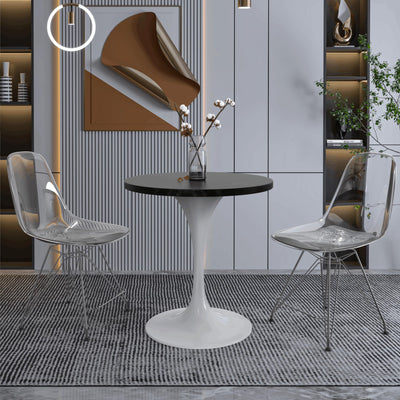 Mid-Century Modern 27 Inch Round Dining Table, MDF Wood Tabletop with White Steel Pedestal Base, Contemporary Kitchen & Dining Room Table, Small Space Breakfast Table, Black