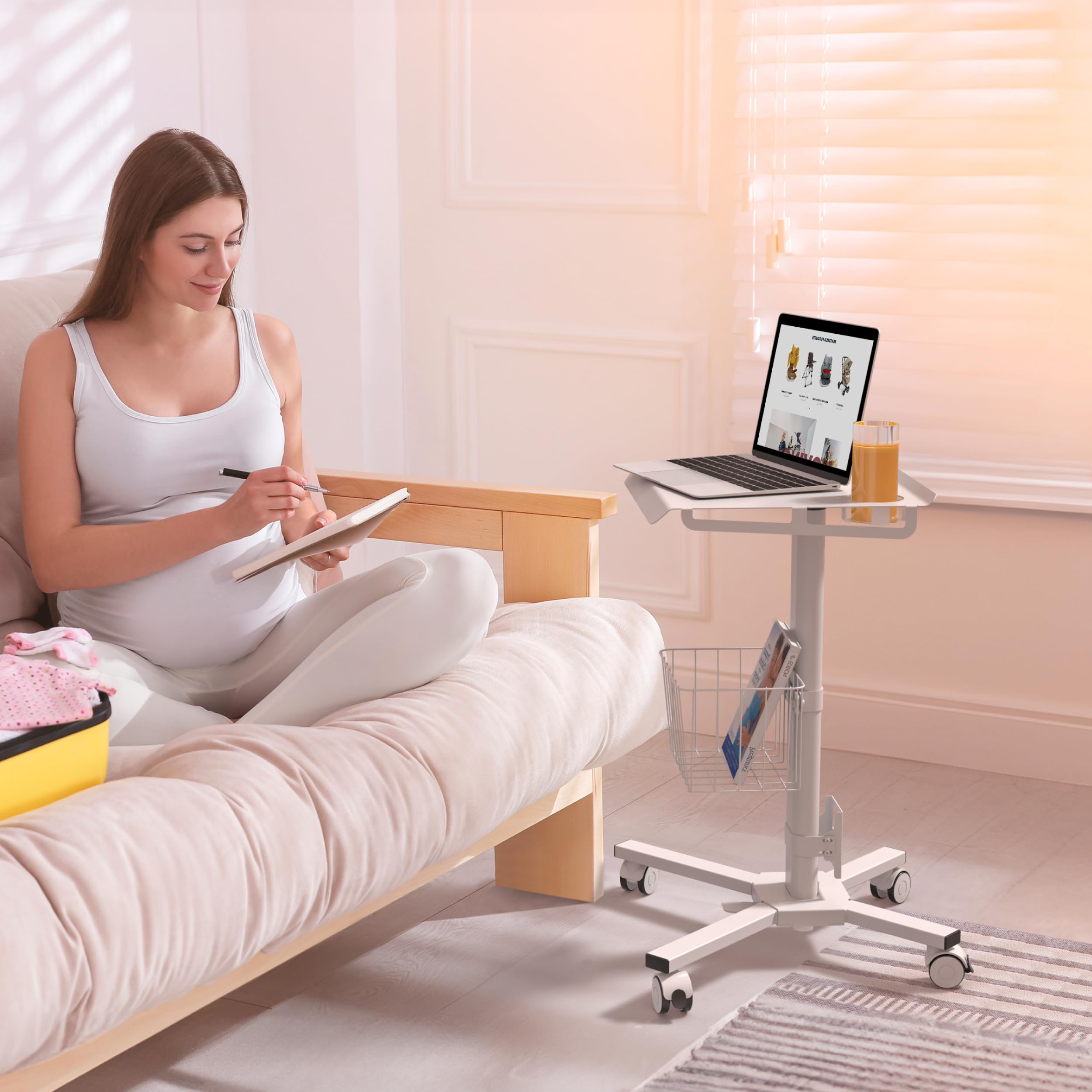 Mobile Laptop Cart on Wheels, Load up to 17.6 lbs, Standing Rolling Desk Adjustable Height, Portable Workstation for Laptop/Small Computer Cart for Couch, Home, Office White
