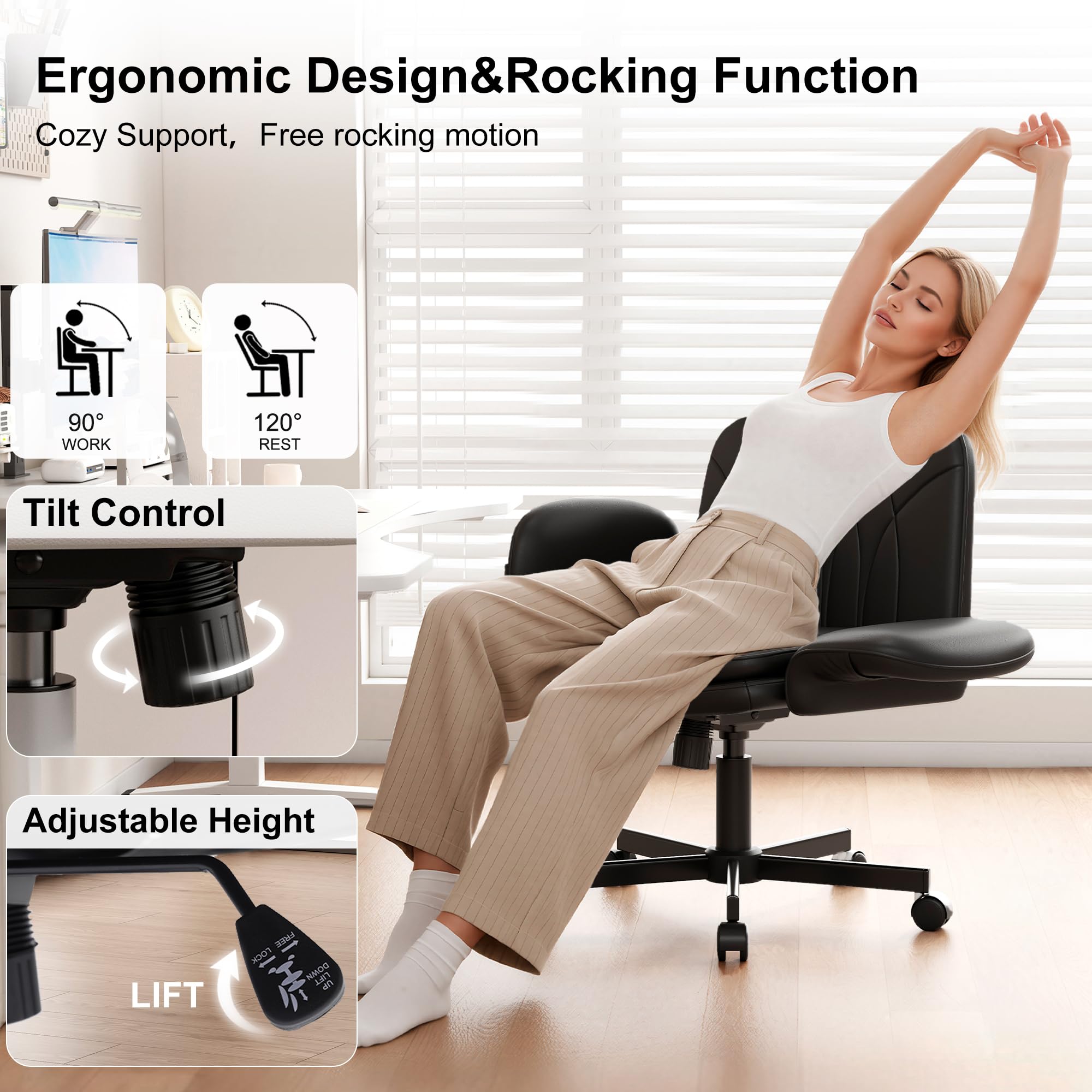 Criss Cross Chair with Armrests & Wheels for Cross-Legged Sitting, Comfortable PU Leather Vanity Chair, Office Desk Chairs with Adjustable Rocking Function, for Home, Bedroom Black