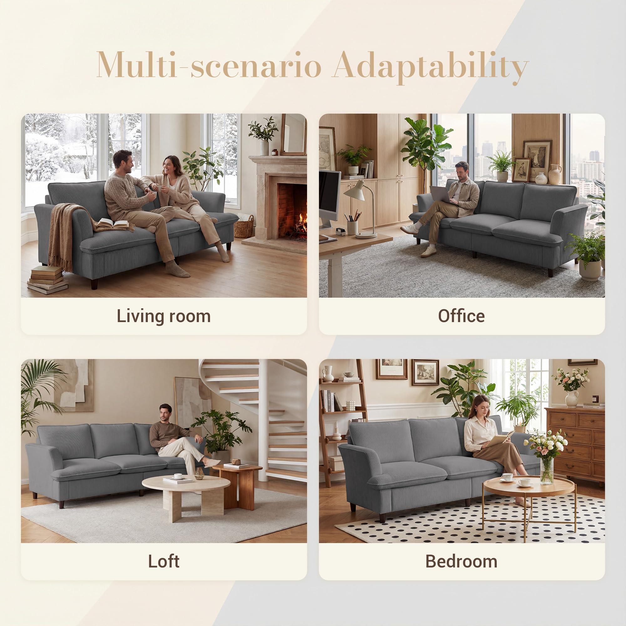 3 Seater Corduroy Couch, 89" Comfy Couch with Deep Seat, Modern Sofa Couch for Living Room, Office, Bedroom, Apartment (Pillows not Included)