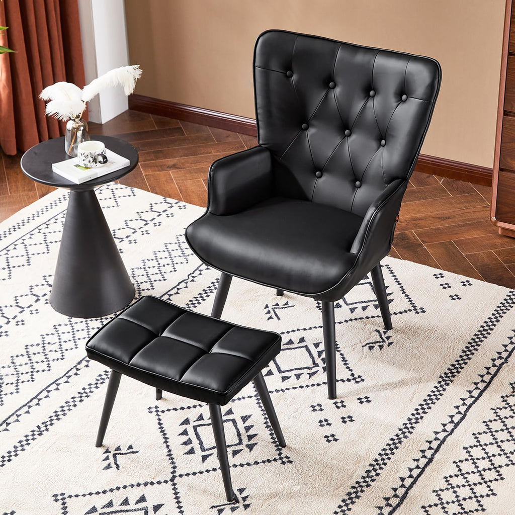 PU Leather Accent Chair with Ottoman, Upholstered Reading Chair with High Backrest, Tufted-Button Wingback Armchair for Bedroom, Dressing Room, Home Office, Black