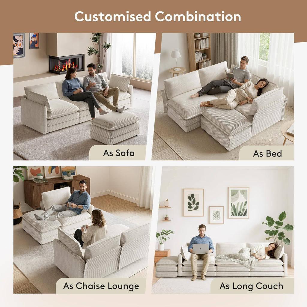 104'' Modular Sectional Cloud Couch with Movable Ottoman, 4 Seat Modern Corduroy Sofa, Deep Seat L Shaped Couch for Living Room Bedroom Apartment, Beige