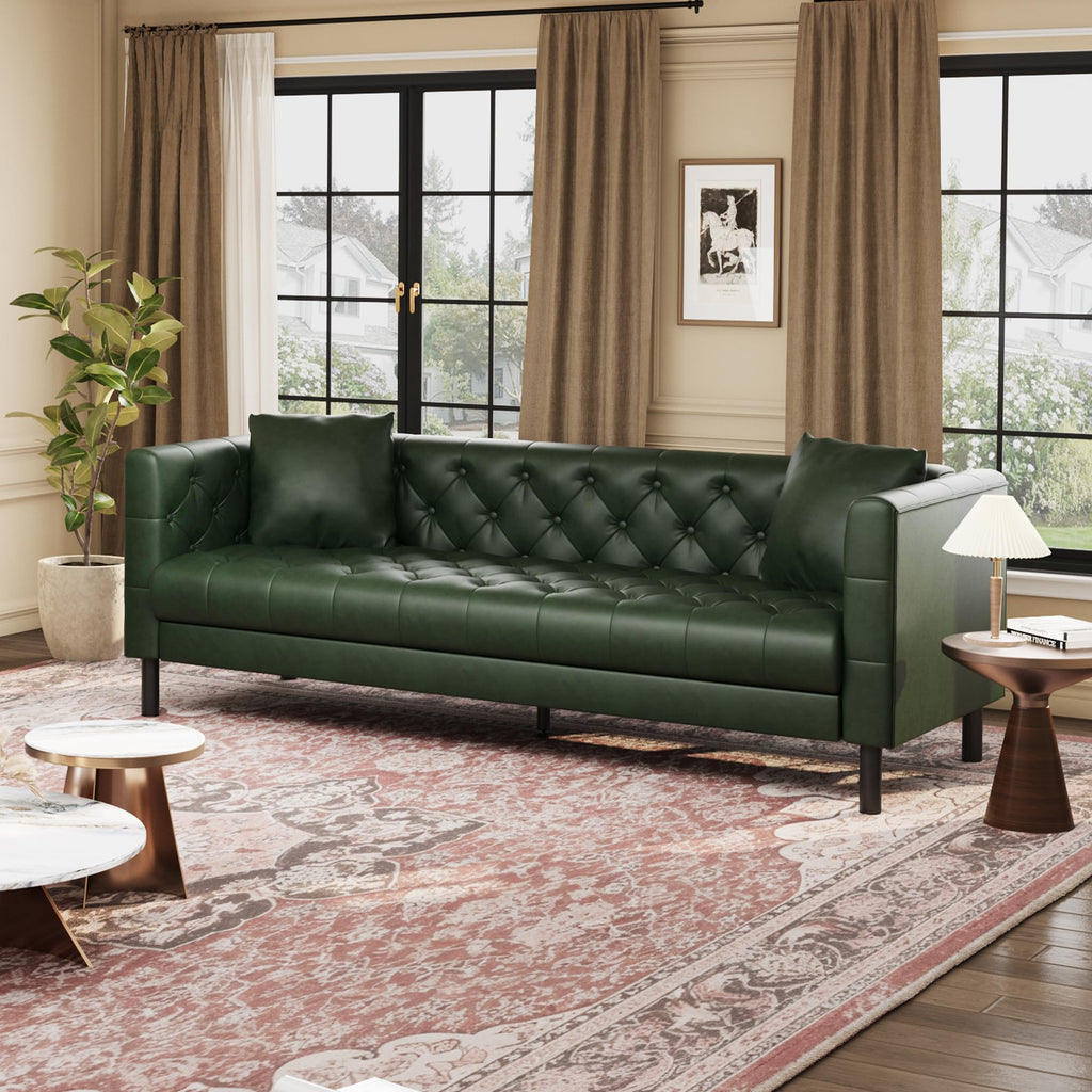 81 in Leather Couch for Living Room, Modern Sofa Couch with Deep Seat, Handmade Button Tufted 3 Seater Sofa, Leather Sofa for Apartment, Office, Green