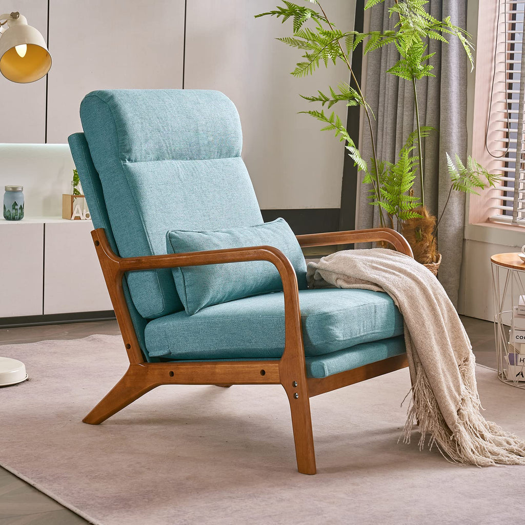 High Back LinenTeal Mid Century Modern Accent Chair, Soild Wood Padding Lounge Armchairs Side Sitting Chairs for Living Room, Bedroom, Guest Room