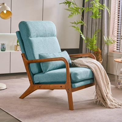 High Back LinenTeal Mid Century Modern Accent Chair, Soild Wood Padding Lounge Armchairs Side Sitting Chairs for Living Room, Bedroom, Guest Room