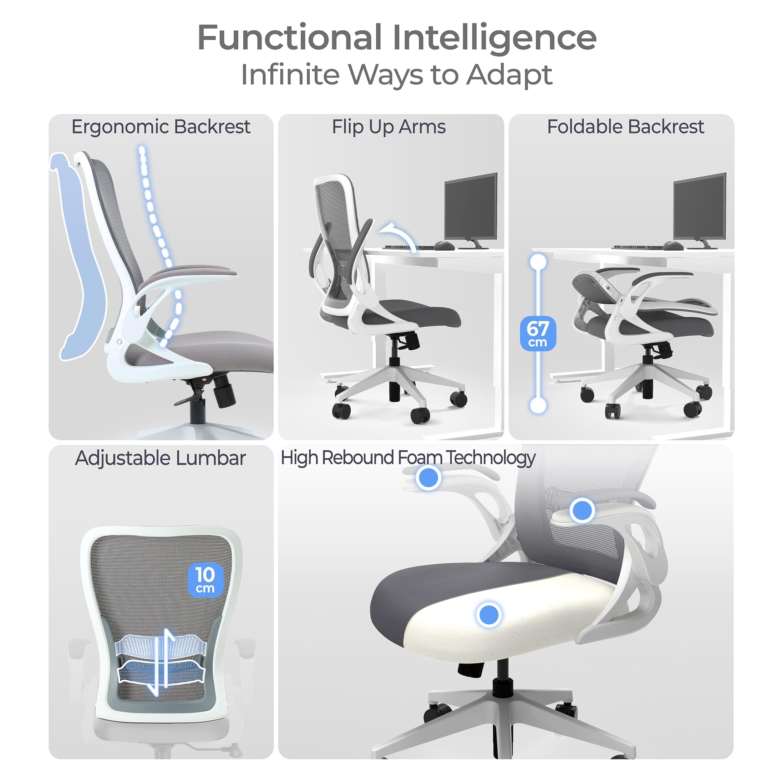 Model U | Folding Office Chair for Small Spaces | Gaming Chair for Adults & Kids | Ergonomic Mesh Computer Chair for Bedroom | Foldable Desk Chair for Home Work (White & Grey)