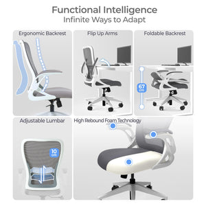 Model U | Folding Office Chair for Small Spaces | Gaming Chair for Adults & Kids | Ergonomic Mesh Computer Chair for Bedroom | Foldable Desk Chair for Home Work (White & Grey)