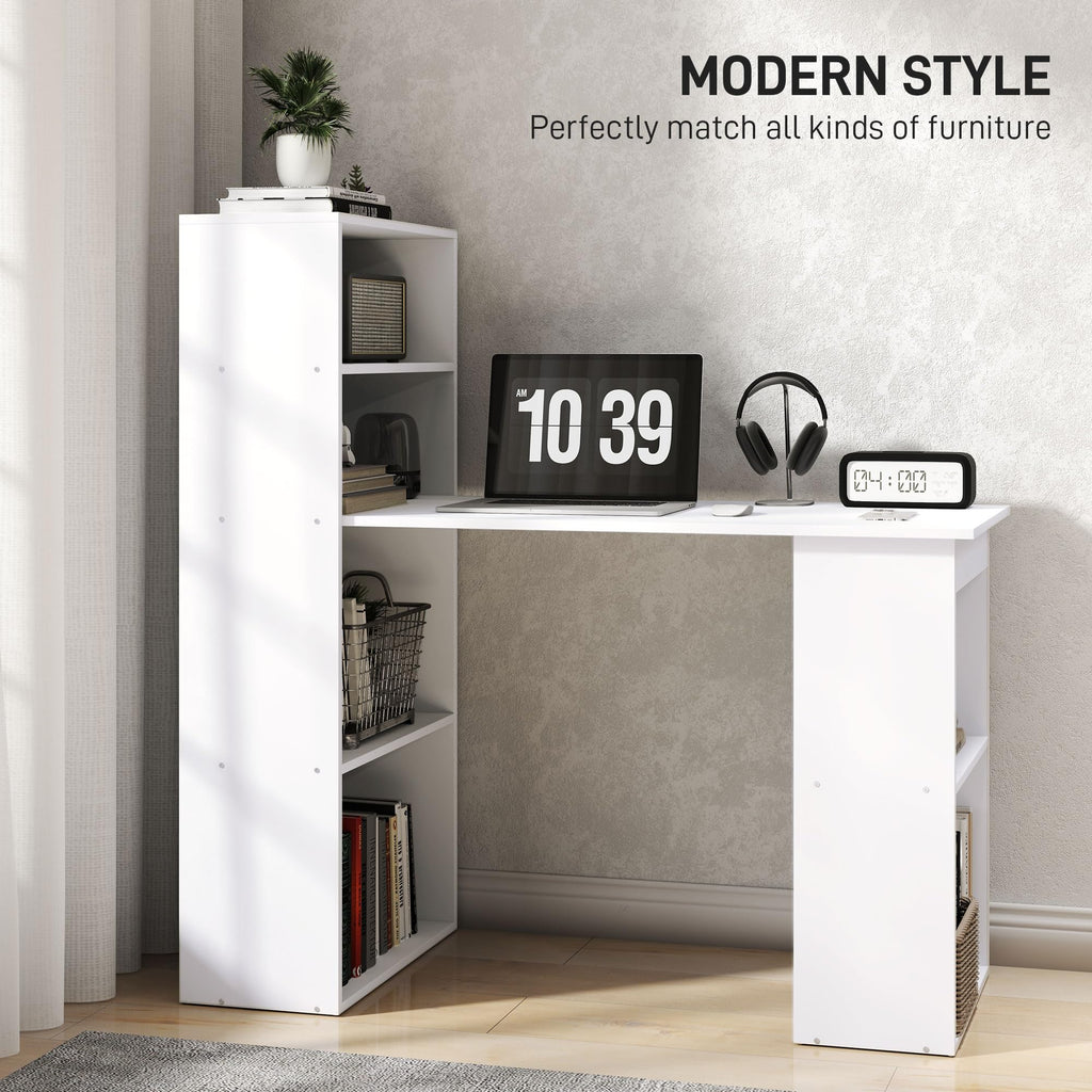 Modern Home Office Desk with 6-Tier Storage Shelves, 47" Writing Desk with Bookshelf, White