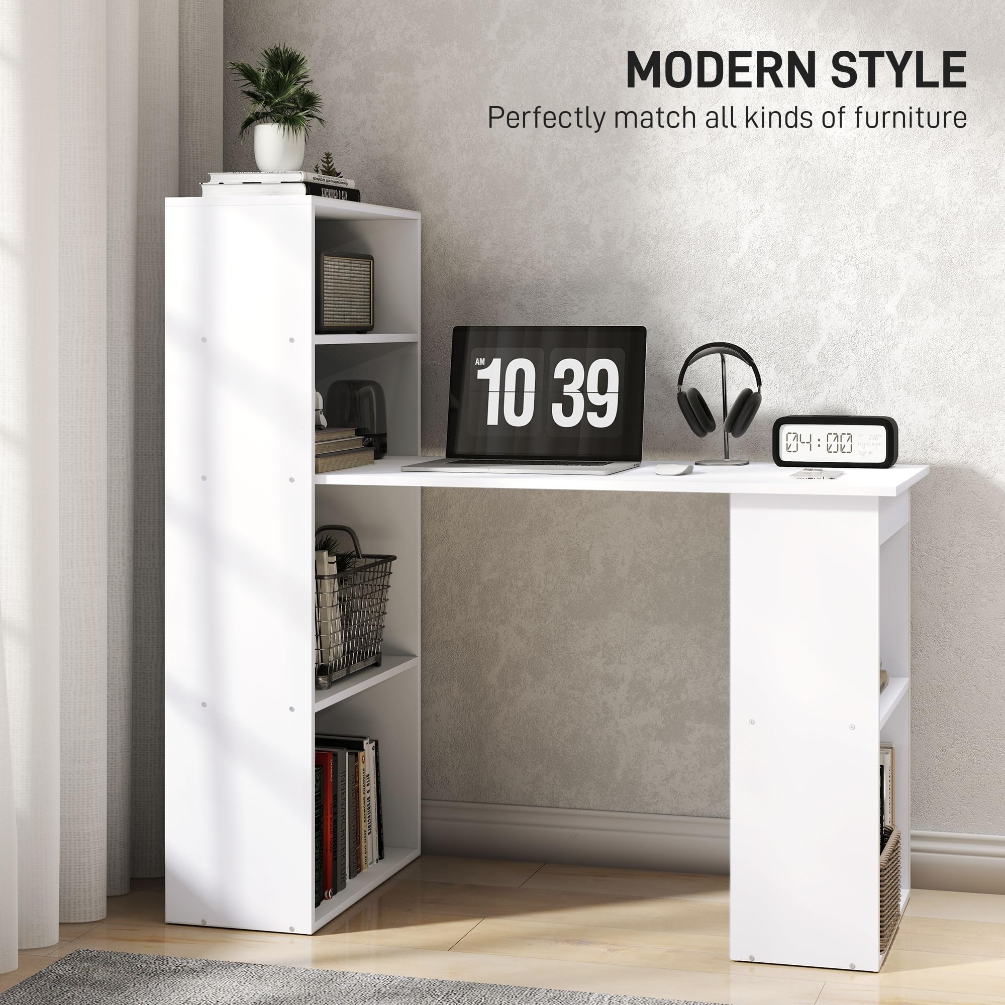 Modern Home Office Desk with 6-Tier Storage Shelves, 47" Writing Desk with Bookshelf, White
