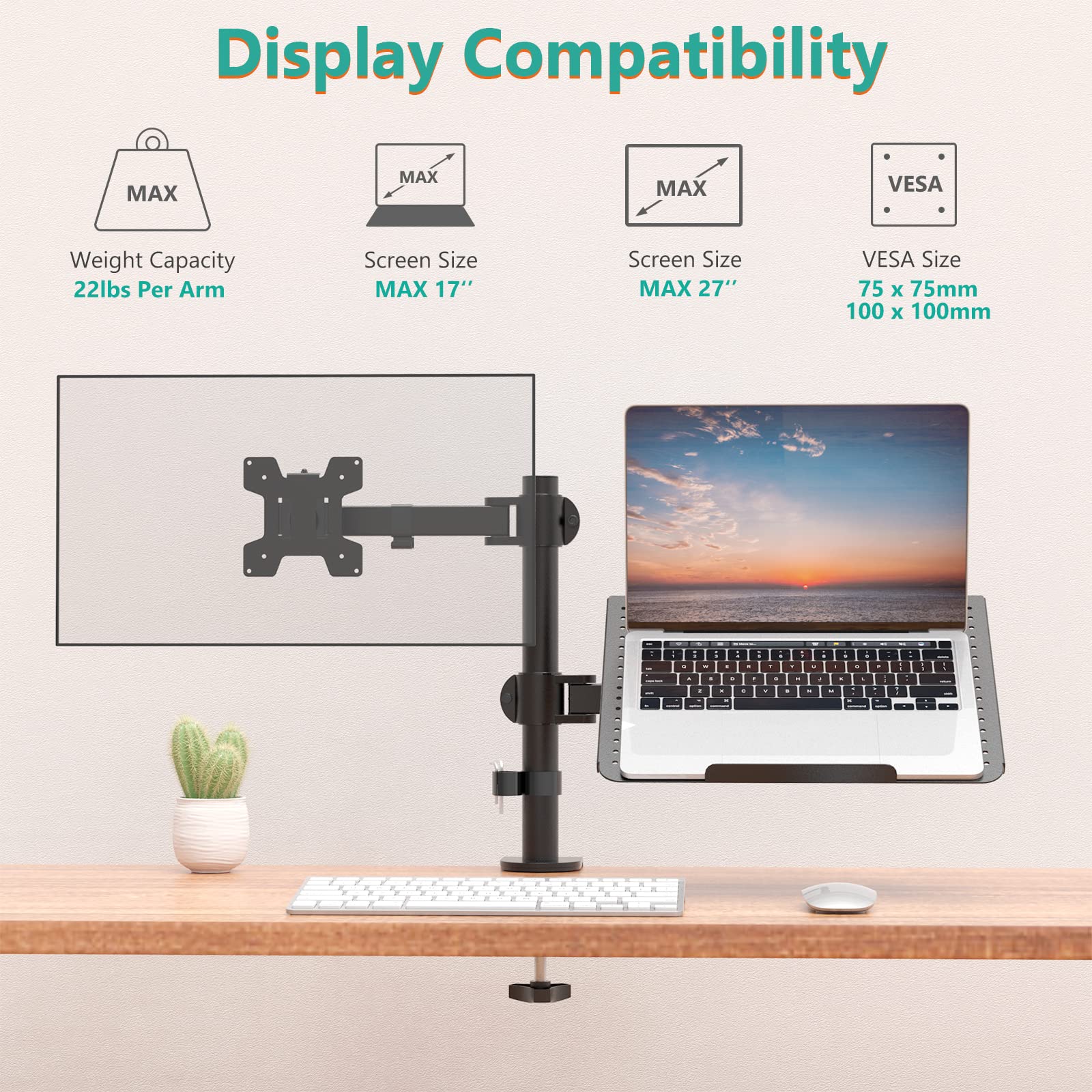 Dual Arm Laptop and Monitor Desk Mount for 17" Notebook and Up to 27" Screen, Fully Adjustable Monitor Arm with Laptop Tray, VESA 75x75 100x100, Holds up to 22 lbs, Black (M001LP)