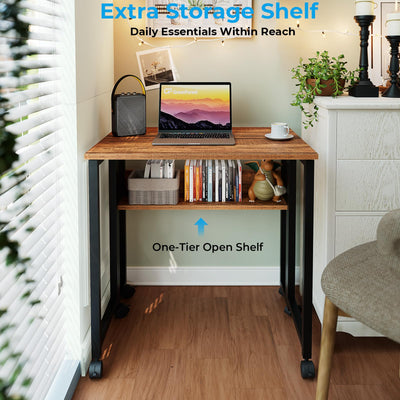 Folding Desk with Wheels, 24.8 Inch Compact Rolling Computer Table with Storage Shelf, Portable Mobile Workstation for Small Spaces, Easy Assembly,Walnut