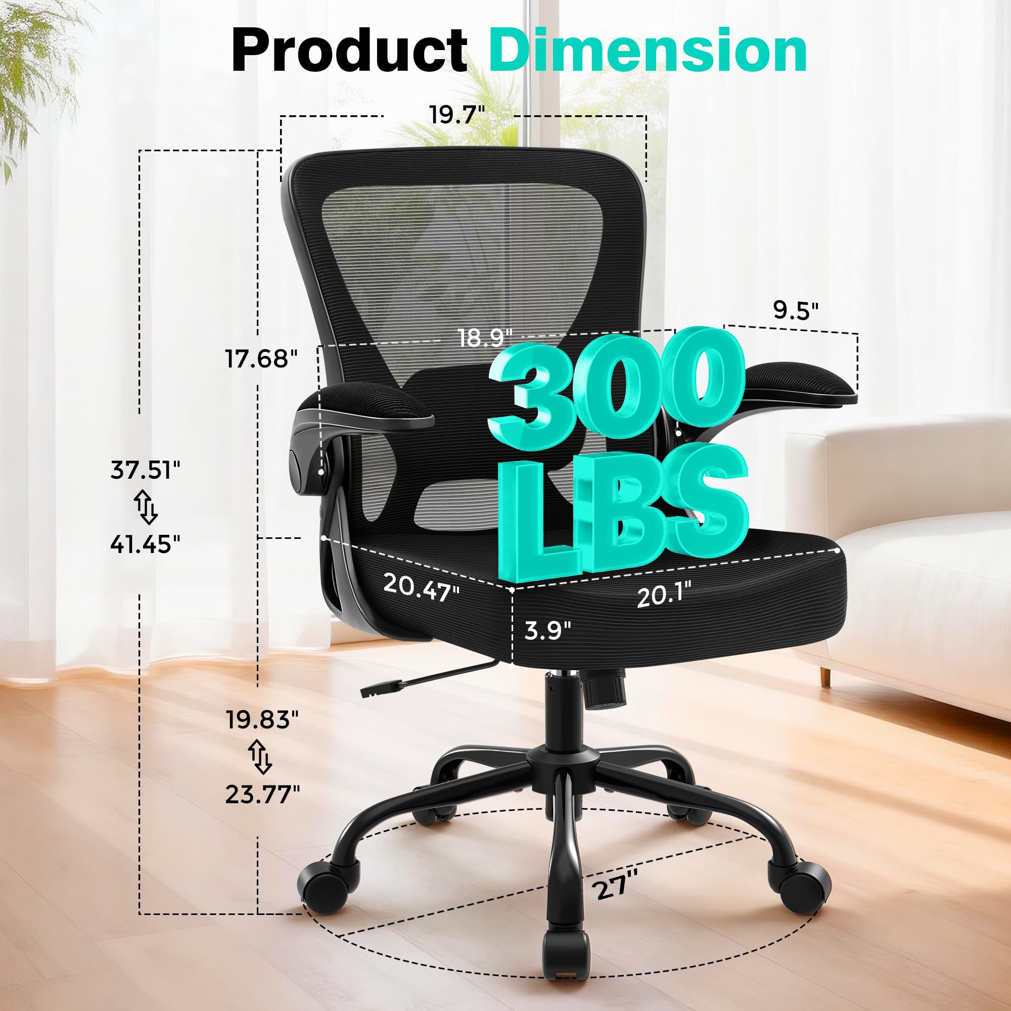 Office Chair - Ergonomic Breathable Mesh Desk Chair with Adjustable Lumbar Support and Flip-up Armrests - Executive High Back Rolling Swivel Comfortable Computer Gaming Chair for Home Office