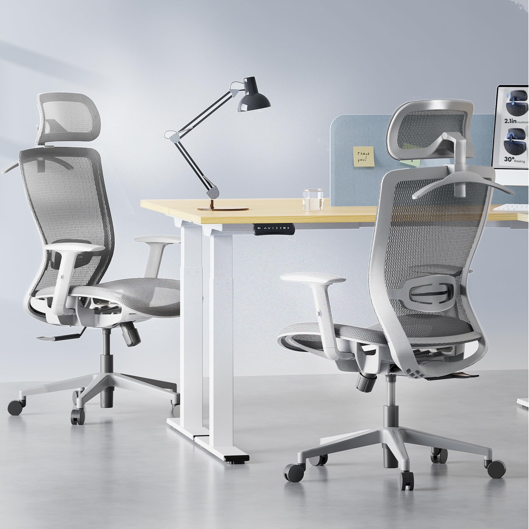Ergonomic Office Chair Mesh Back Swivel Computer Chair Executive Office Desk Chairs with Adjustable Lumbar Support/2D Headrest/Lockable Backrest, Light Gray
