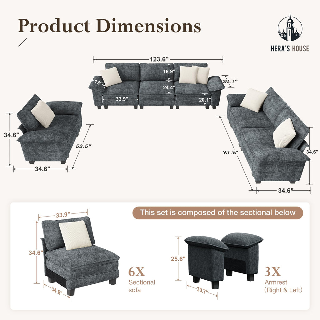 3 Pieces Modular Sectional Sofa Sets, Oversized Couch Set with Loveseats and Armchair, Comfy Cloud Couches with Throw Pillows, 6-Seater Sofa for Living Room, Chenille Dark Blue