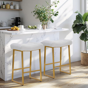 White & Gold Counter Height Bar Stools Set of 2 for Kitchen Counter Backless Kitchen Island Barstools with Upholstered Faux Leather Seat and Gold Base Modern 24 inch Bar Chairs No Back