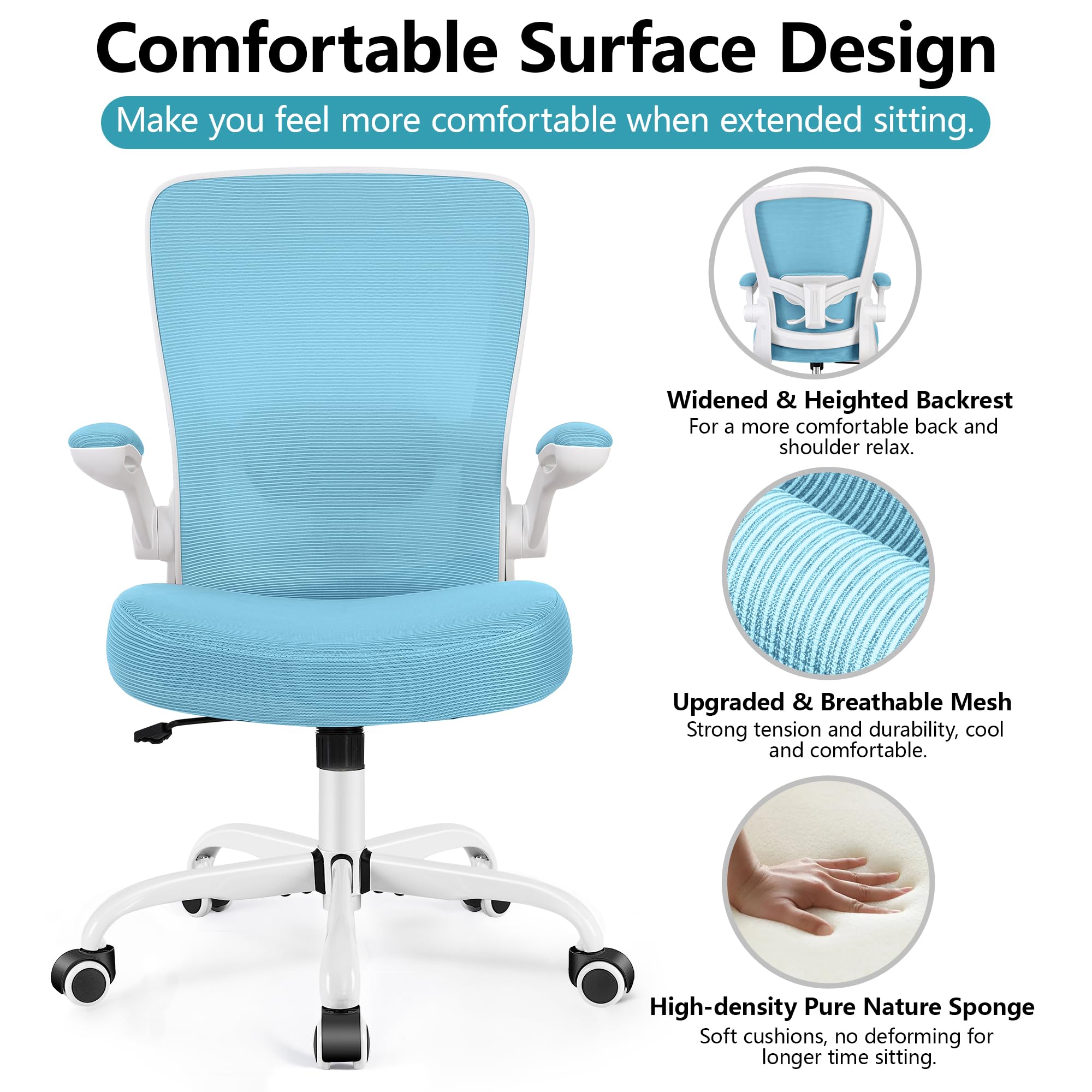 Office Chair, Ergonomic Desk Chair Breathable Mesh Chairs Adjustable High Back Lumbar Support Flip-up Armrests, Executive Rolling Swivel Comfy Computer Chairs Home Office Blue