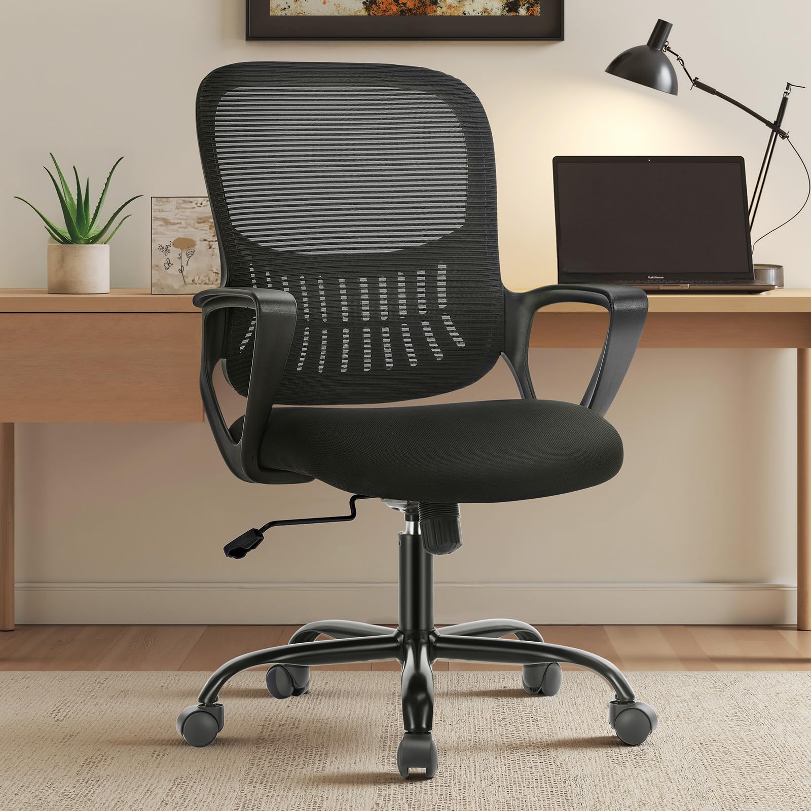 Home Office Managerial Executive Chair with Ergonomic Design, Mid-Back Mesh Swivel, Comfortable Lumbar Support, Comfy Arms for Bedroom,Study,Student, Black