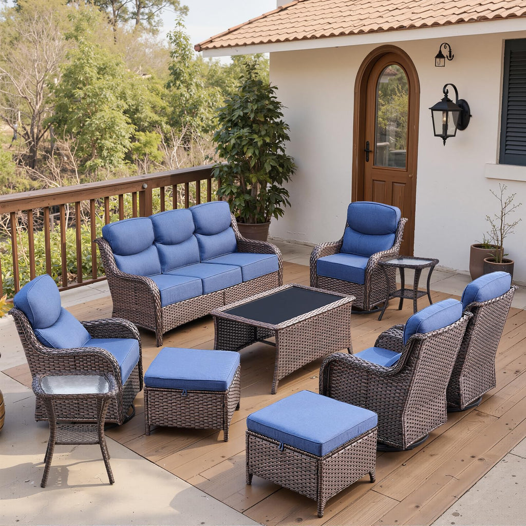 Luxury 6" Thick Cushioned 10 Pieces Patio Furniture Set with Outdoor Couch, Wicker Outdoor Conversation Set with High Back Swivel Rocker Chairs for Deck Porch Yard and Poolside - Brown+Blue