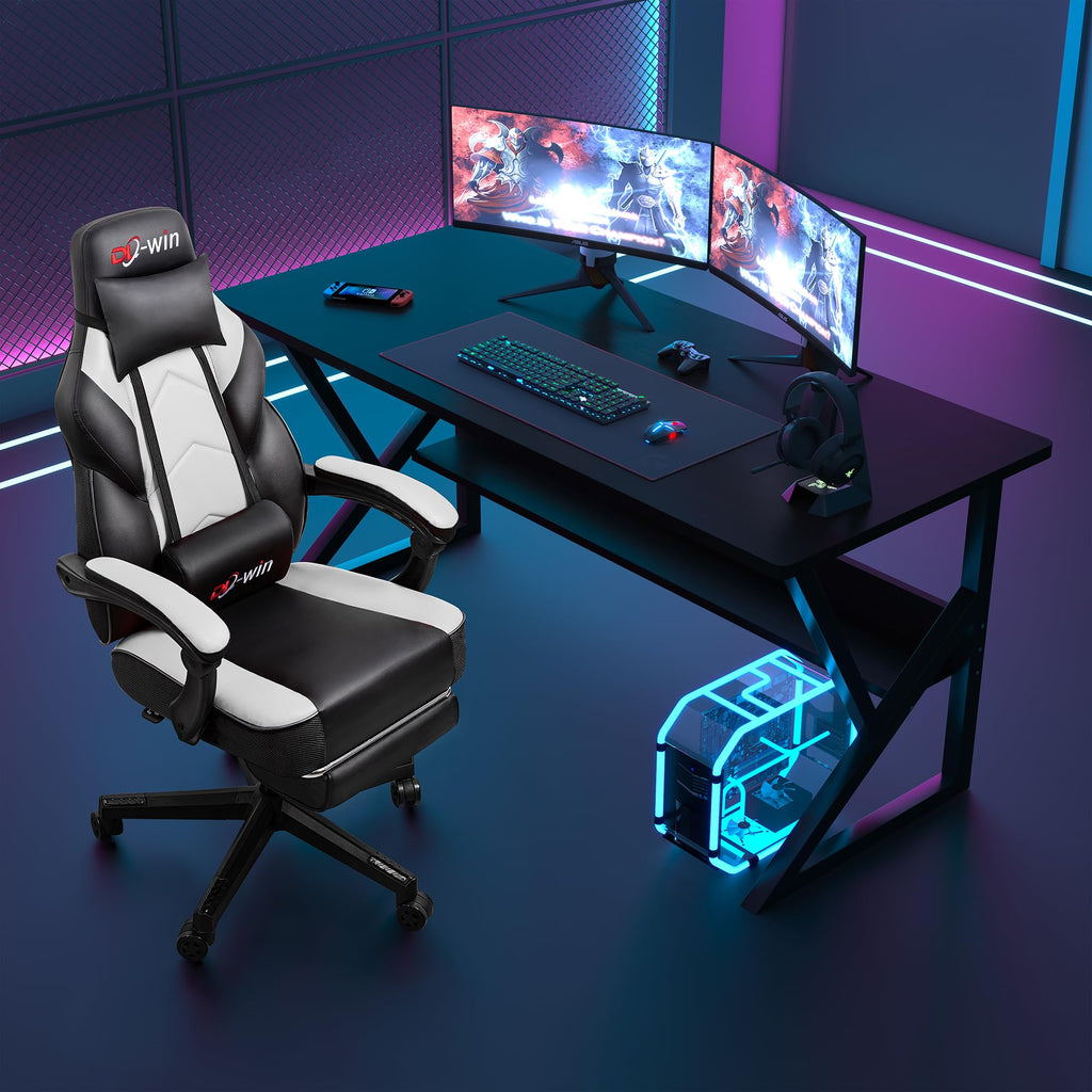 Video Gaming Chair for Adults, Computer Chair with Footrest and Ergonomic High Back, Big and Tall Gamer Chair with Massage Lumbar Support, 360° Swivel Height Adjustable Computer Chair, White