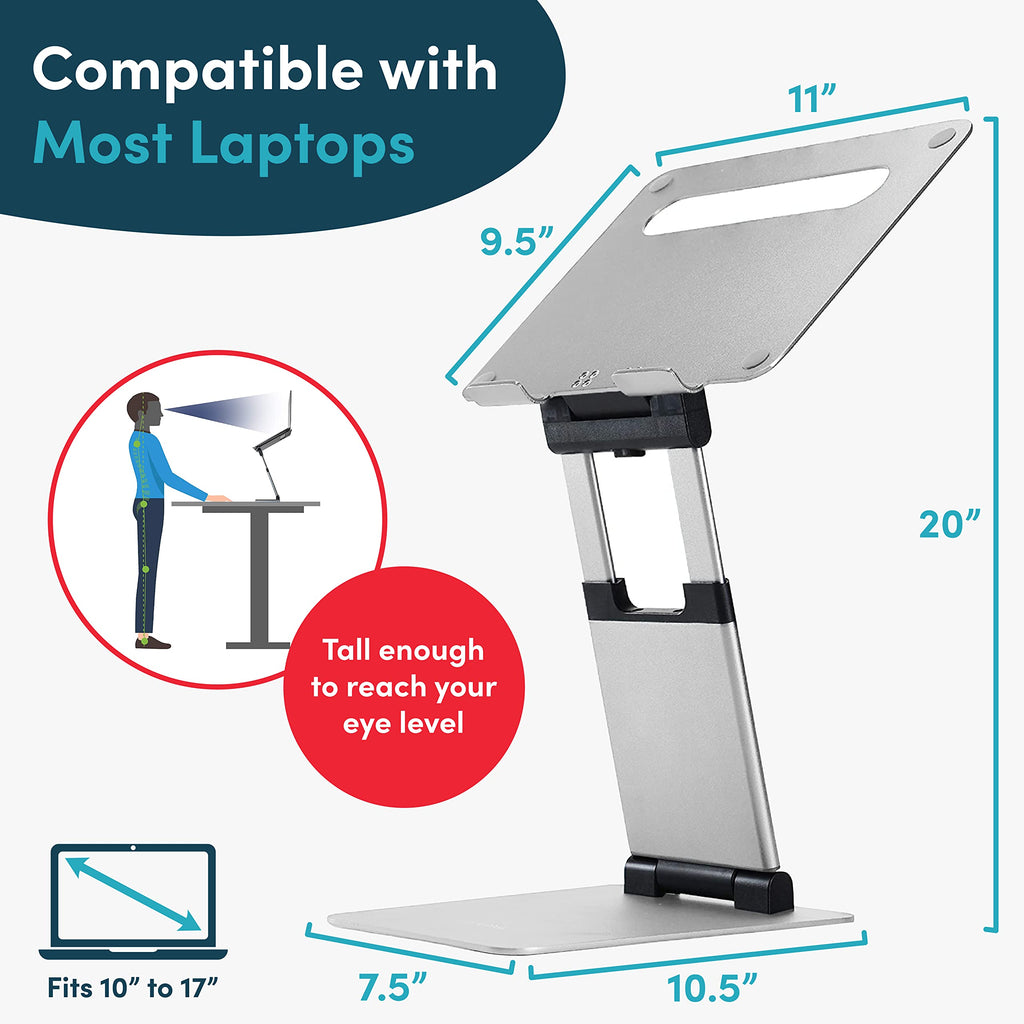 Laptop Stand for Desk, Ergonomic Sit to Stand Premium Aluminum Laptop Holder, Adjustable Height from 2.1" to 20", Compatible with MacBook, All Laptops Tablets 11-17" - Silver
