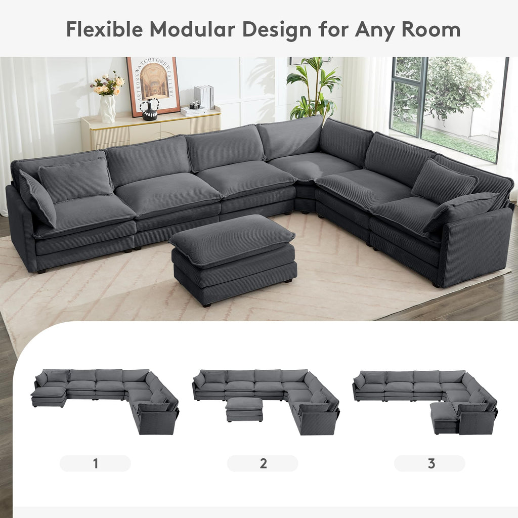 150'' Modular Sectional Corner Cloud Couch, 7 Seater Sofa Big Comfy Corduroy V Shaped Couch with 4 Throw Pillows, Movable Ottoman, Couches for Living Room Office Dark Grey