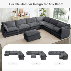 150'' Modular Sectional Corner Cloud Couch, 7 Seater Sofa Big Comfy Corduroy V Shaped Couch with 4 Throw Pillows, Movable Ottoman, Couches for Living Room Office Dark Grey