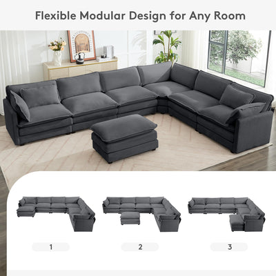150'' Modular Sectional Corner Cloud Couch, 7 Seater Sofa Big Comfy Corduroy V Shaped Couch with 4 Throw Pillows, Movable Ottoman, Couches for Living Room Office Dark Grey