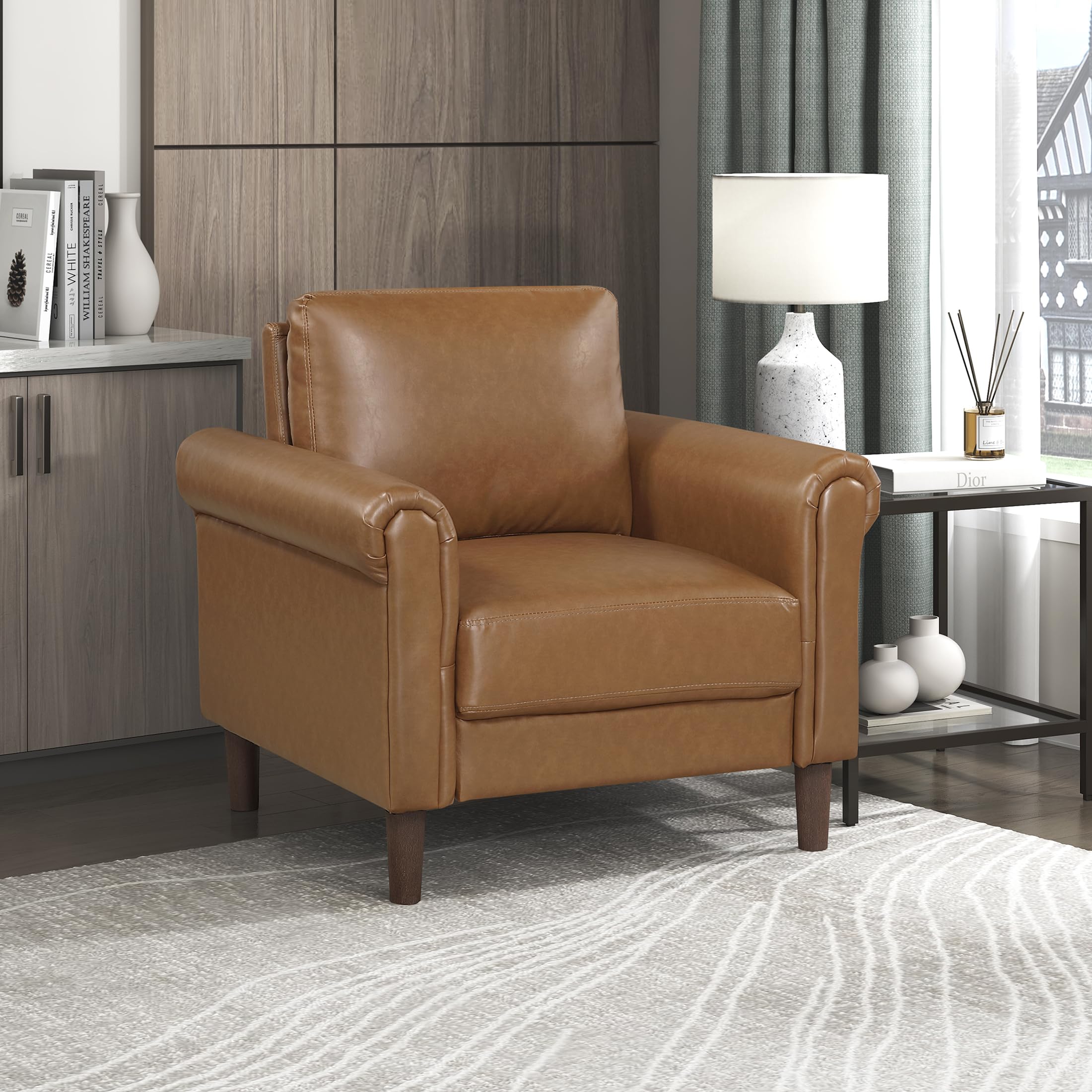 35" W Living Room Accent Chair, Faux Leather Upholstered Armchair with Rolled Armrest for Bedroom/Office/Waiting Room, Single Sofa Chair, Brown