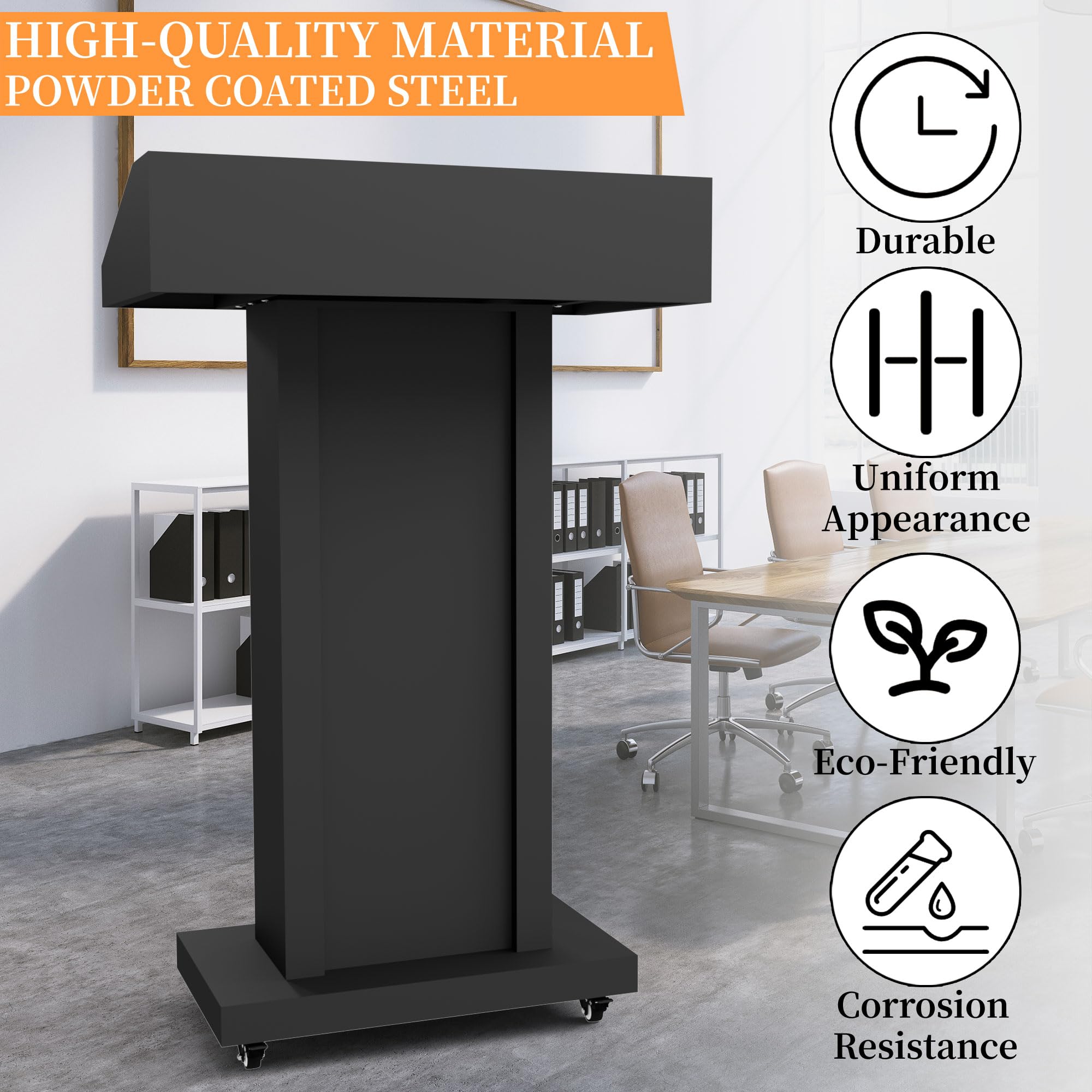 Heavy-Duty Black Metal Podium Stand with Lockable Wheels | Mobile Lectern with Storage Cabinet & Standard 44.56