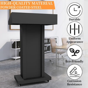 Heavy-Duty Black Metal Podium Stand with Lockable Wheels | Mobile Lectern with Storage Cabinet & Standard 44.56