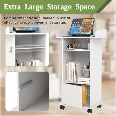 Podium Stand with Wheels Wooden Lectern Podium Stand Portable Pulpit Standing with Storage Mobile Reception Podiums Desk for Church Office School Conference Restaurant Meeting, White