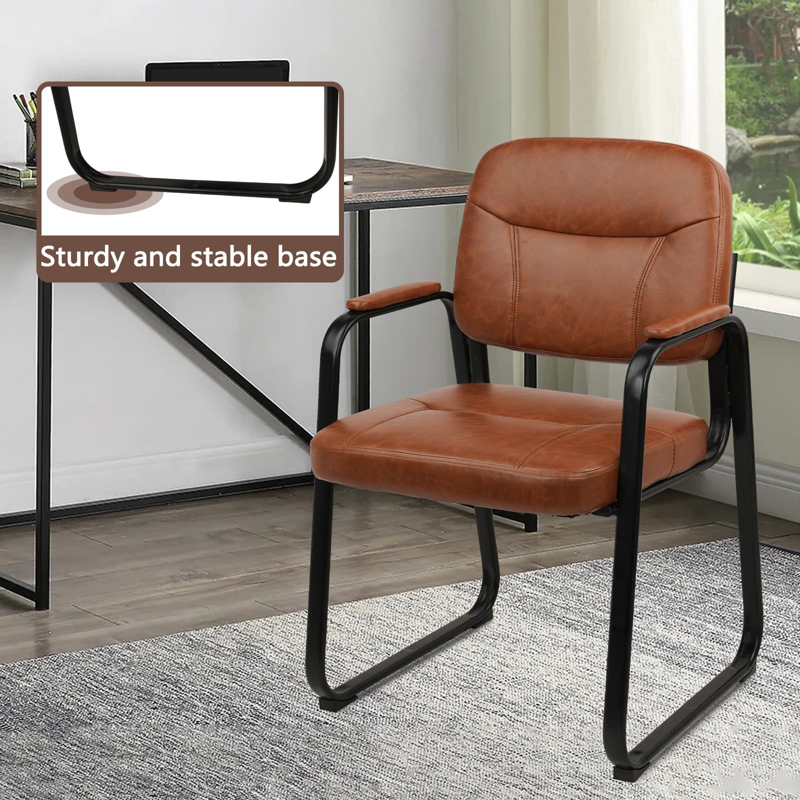 Waiting Room Guest Chair with Bonded Leather Padded Arm Rest for Office Reception and Conference Desk Black with Sled Base Brown 4 Pack
