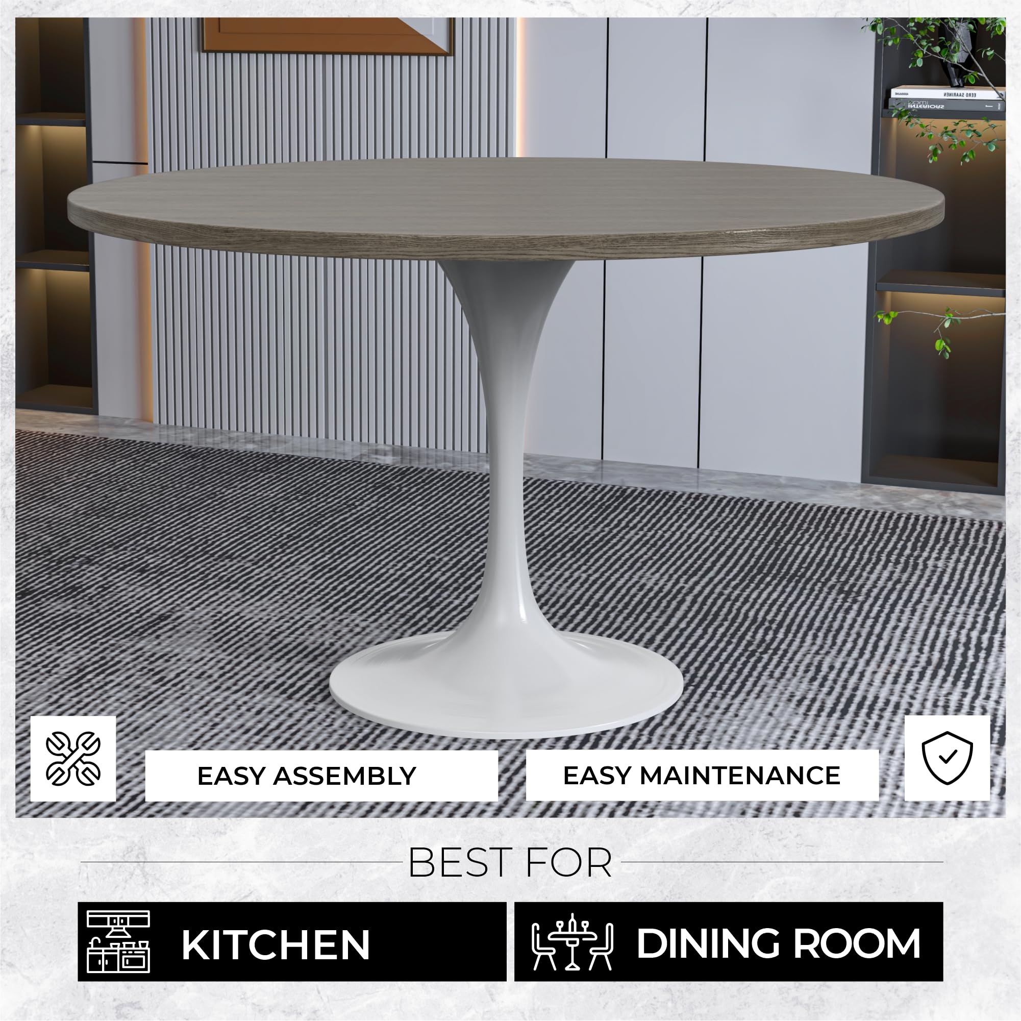 Mid-Century Modern 48 Inch Round Dining Table, MDF Wood Tabletop with White Steel Pedestal Base, Large Pedestal Kitchen & Dining Room Table, Breakfast Nook Table (Dark Maple)