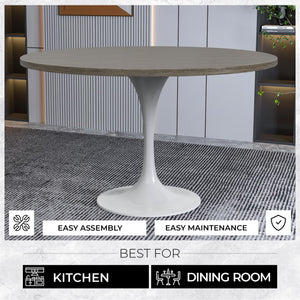 Mid-Century Modern 48 Inch Round Dining Table, MDF Wood Tabletop with White Steel Pedestal Base, Large Pedestal Kitchen & Dining Room Table, Breakfast Nook Table (Dark Maple)