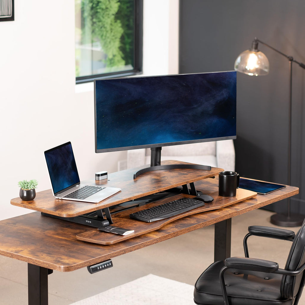 48 inch Desk Converter, K Series, Height Adjustable Sit to Stand Riser, Dual Monitor and Laptop Workstation with Wide Keyboard Tray, Rustic Vintage Brown Top, Black Frame, DESK-V048KN