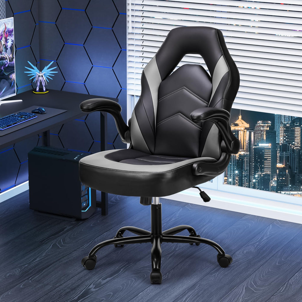 Computer Video Game Desk Chair - Ergonomic Comfy Lumbar Support, PU Leather with Flip-up Armrest, Height Adjustable and 360° Swivel, for Adults, Black Grey