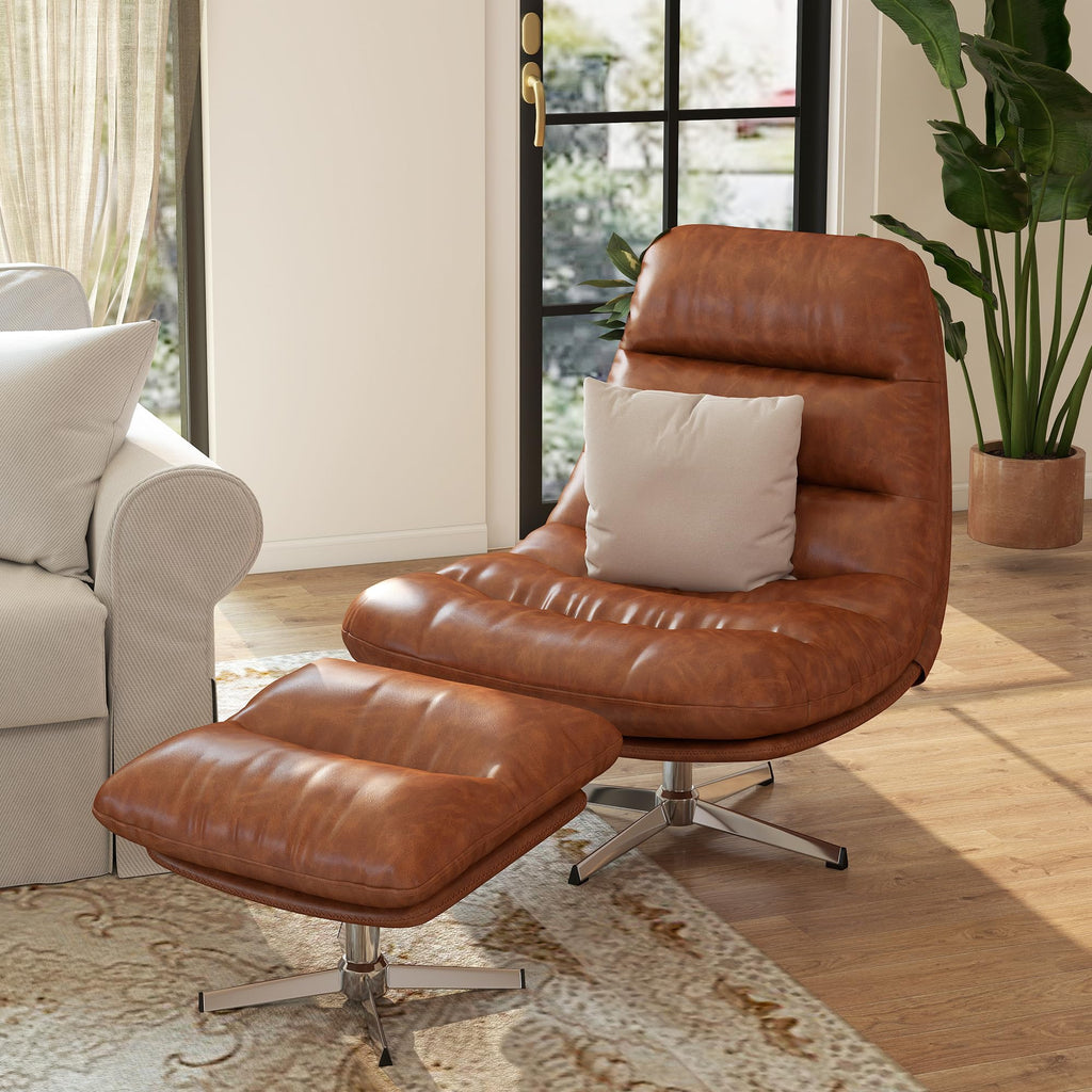Modern Swivel Accent Chair with Ottoman Set, PU Leather Oversized Armless Reading Chair with Footrest, 33'' Wide Upholstered Lounge Chairs with Footstool for Living Room Bedroom Comfy, Brown