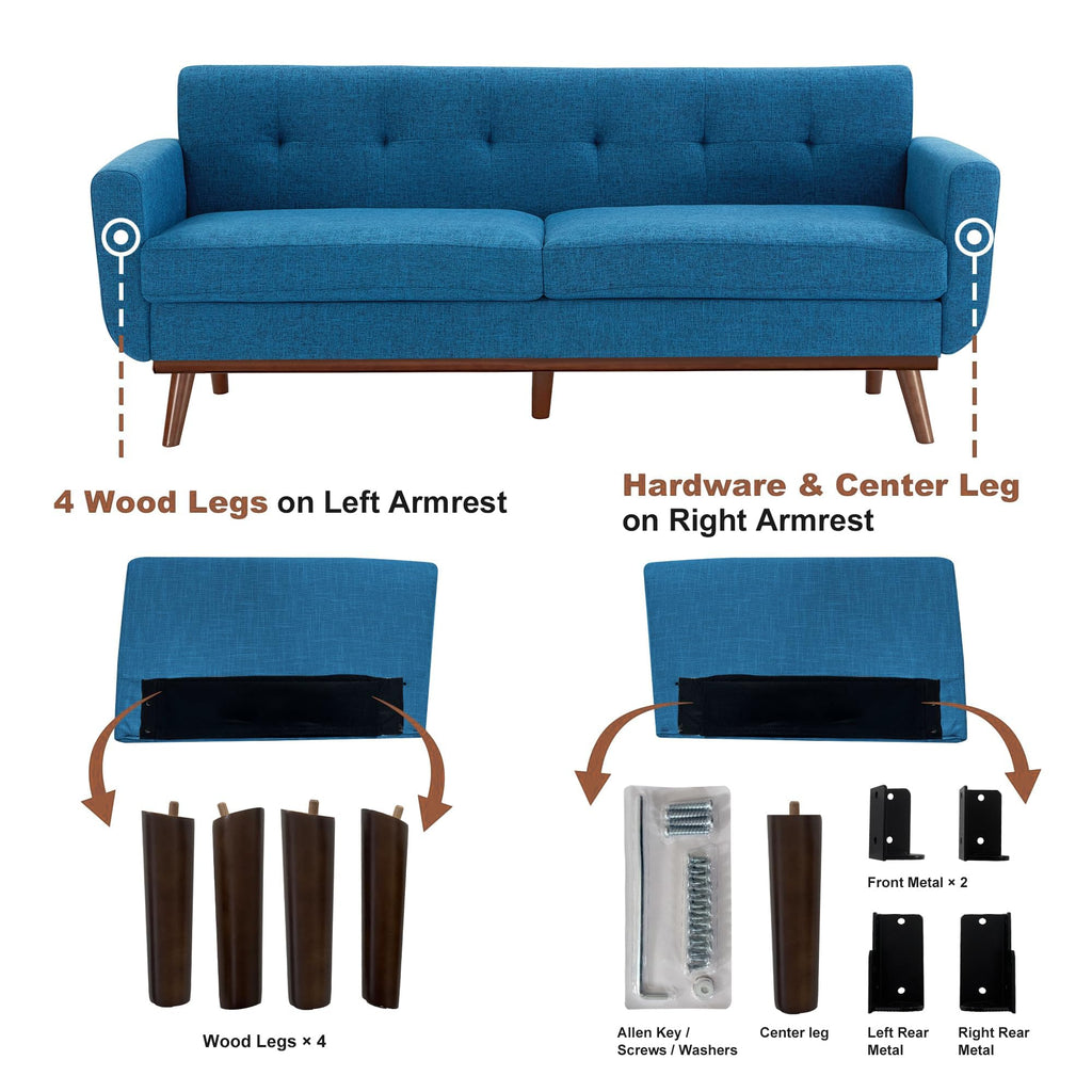 77.2" W Loveseat Sofa, Mid Century Modern Decor Love Seat Couches for Living Room, Button Tufted Upholstered Furniture, Solid & Easy to Install Small Couch for Bedroom Office Apartment, Blue