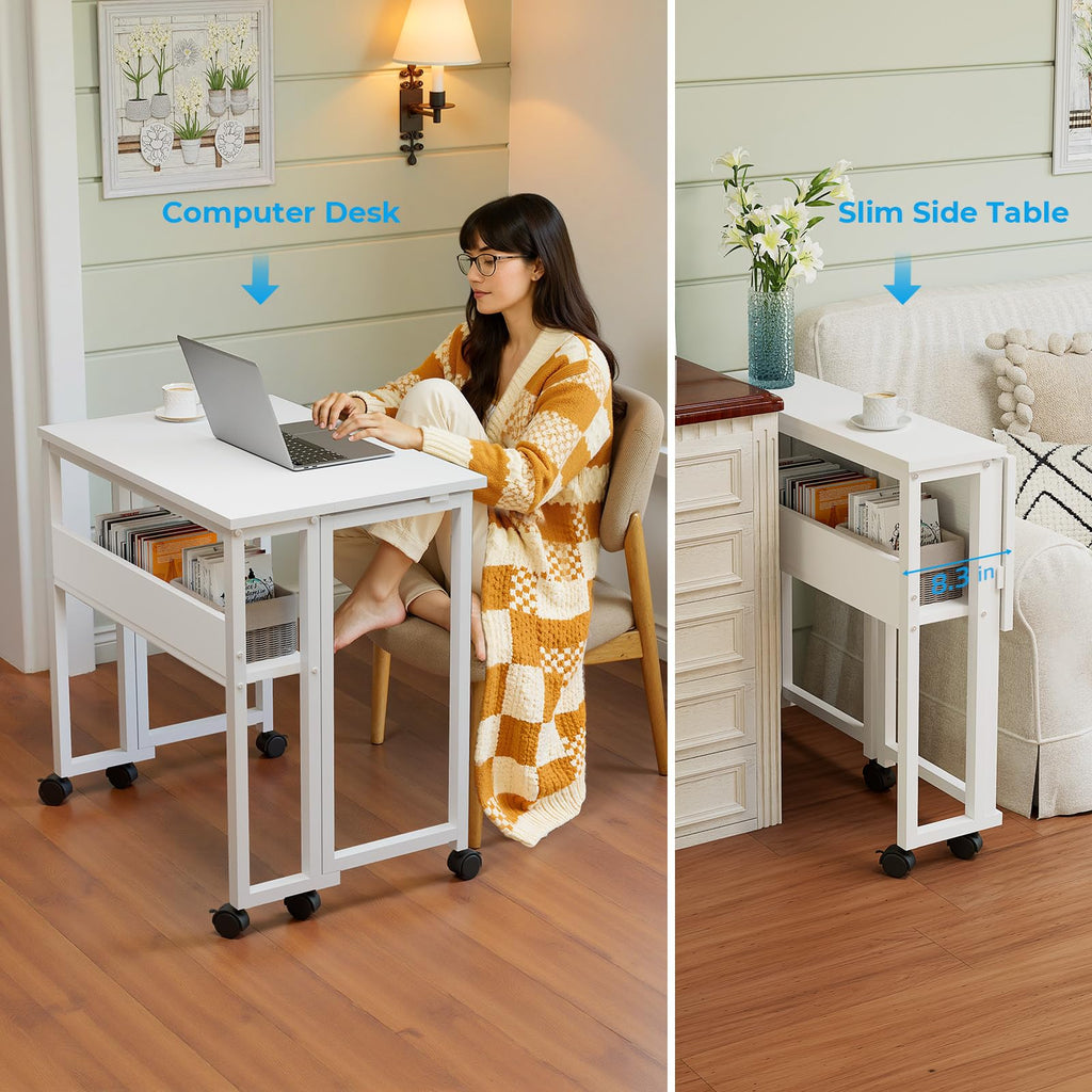 Folding Desk with Wheels, 24.8 Inch Compact Rolling Computer Table with Storage Shelf, Portable Mobile Workstation for Small Spaces, Easy Assembly, Pure White