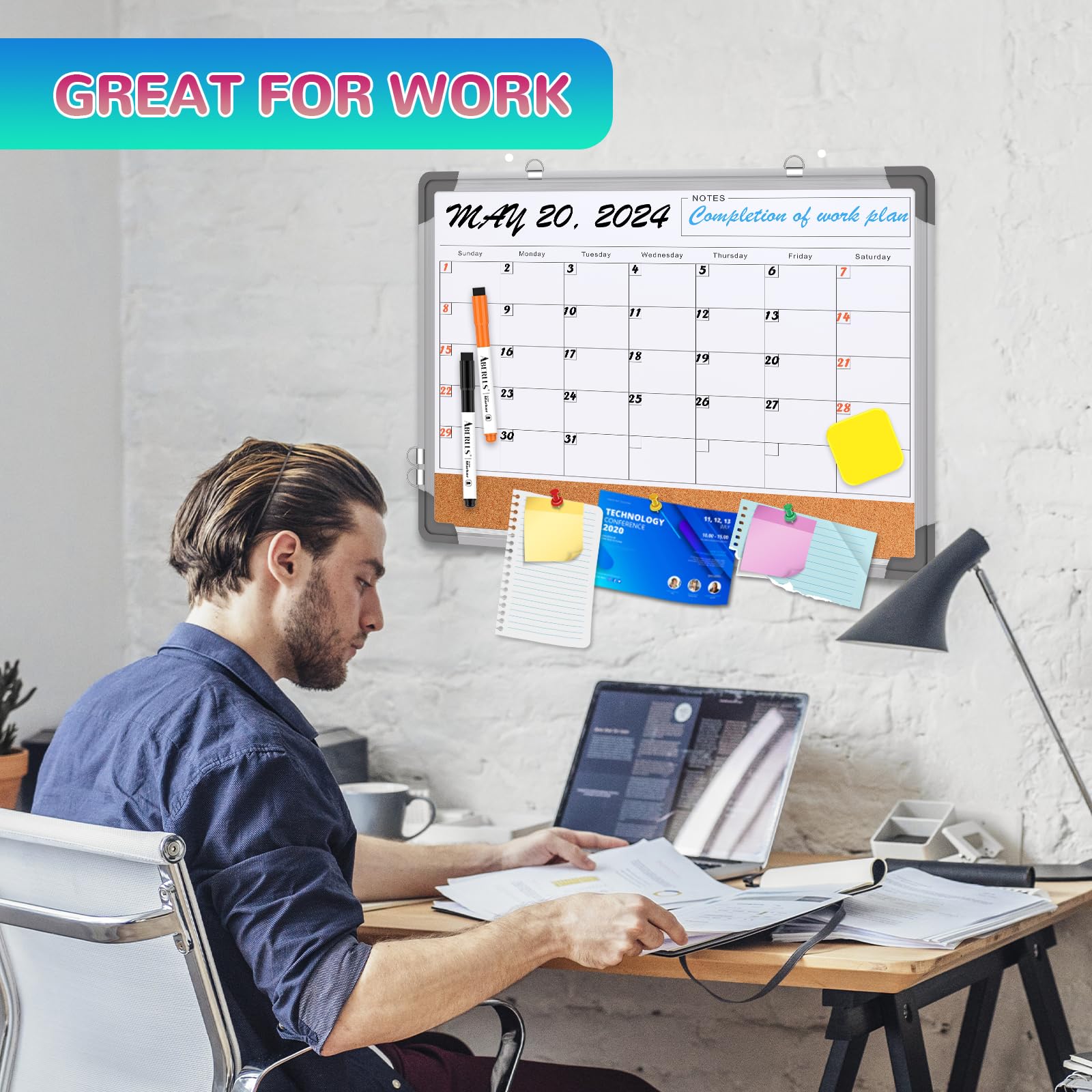 Monthly Calendar Whiteboard for Wall, 24x18 Inches Dry Erase Board with Cork Board Combo, Magnetic White Board, Double-Sided Hanging Portable Board for Office School Home Kitchen Planner Memo