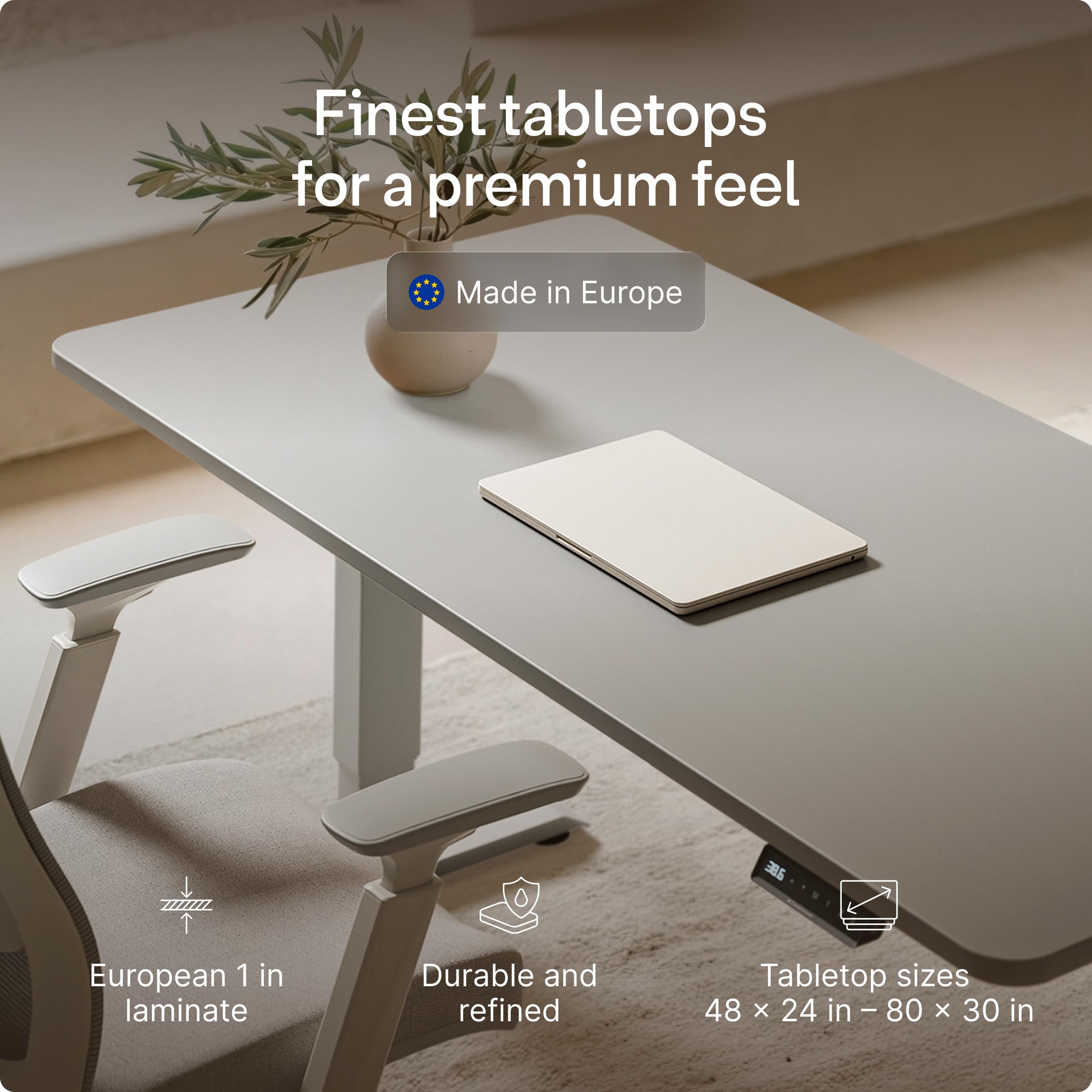 HomePro Standing Desk 54x28 — Made in Europe, Ergonomic Sit Stand Home Office Desk, Electric Height Adjustable, Dual Motor, USB & USB-C Charging, Wobble-Free, Touchscreen, 3 Memory Presets