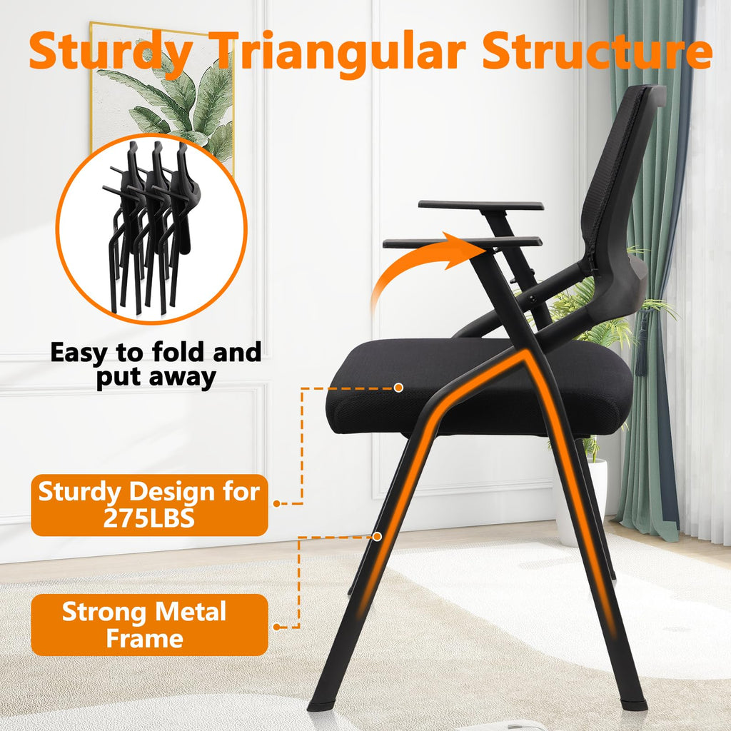 Black (4pk), Stackable & Foldable Office Chairs with Ergonomic Lumbar Support and Thickened Seat Cushion, Folding Mesh Fabric Reception Guest Chair for School Church Lobby Conference Room