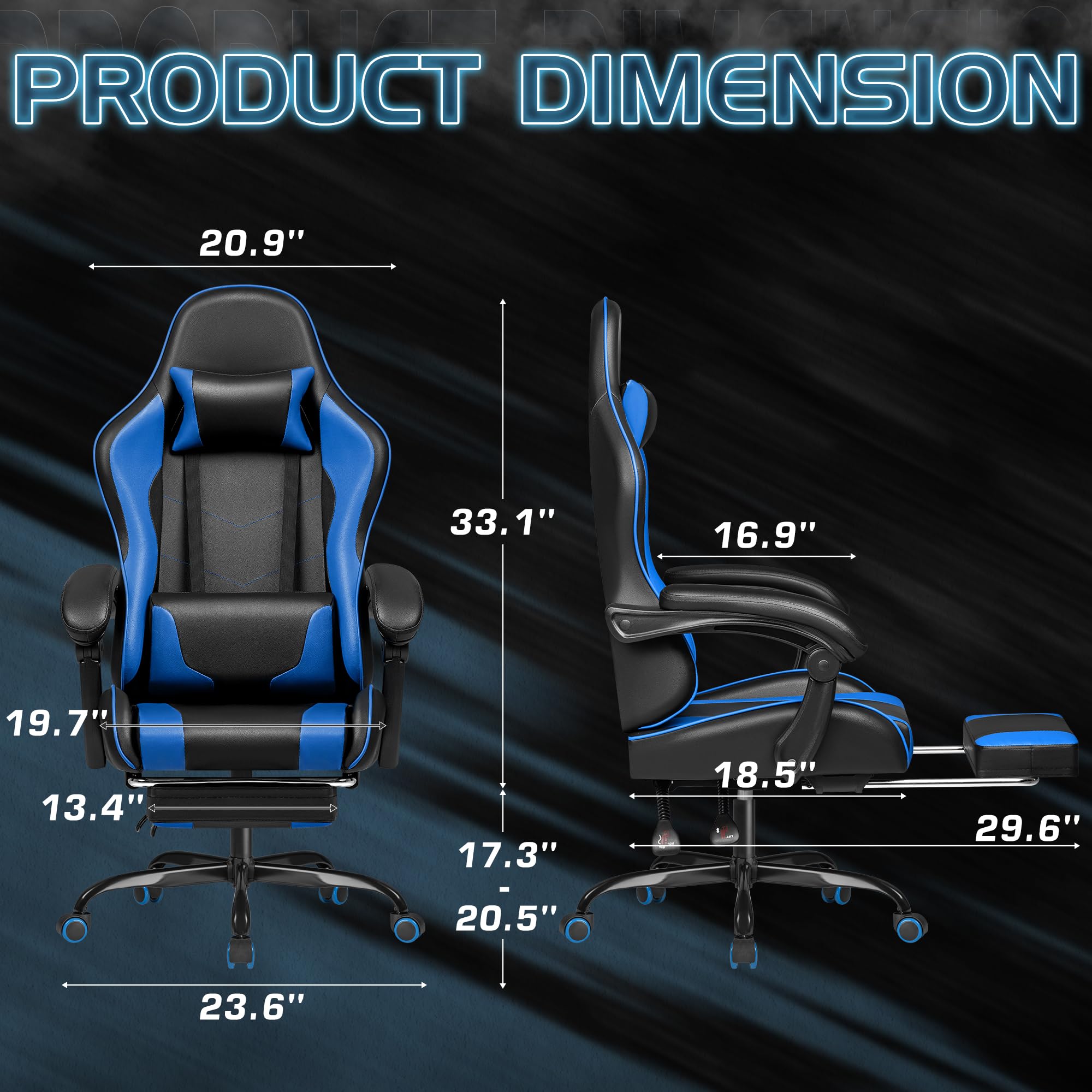 Gaming Chair, Video Game Chair with Footrest and Massage Lumbar Support, Ergonomic Computer Chair Height Adjustable with Swivel Seat and Headrest (Blue)