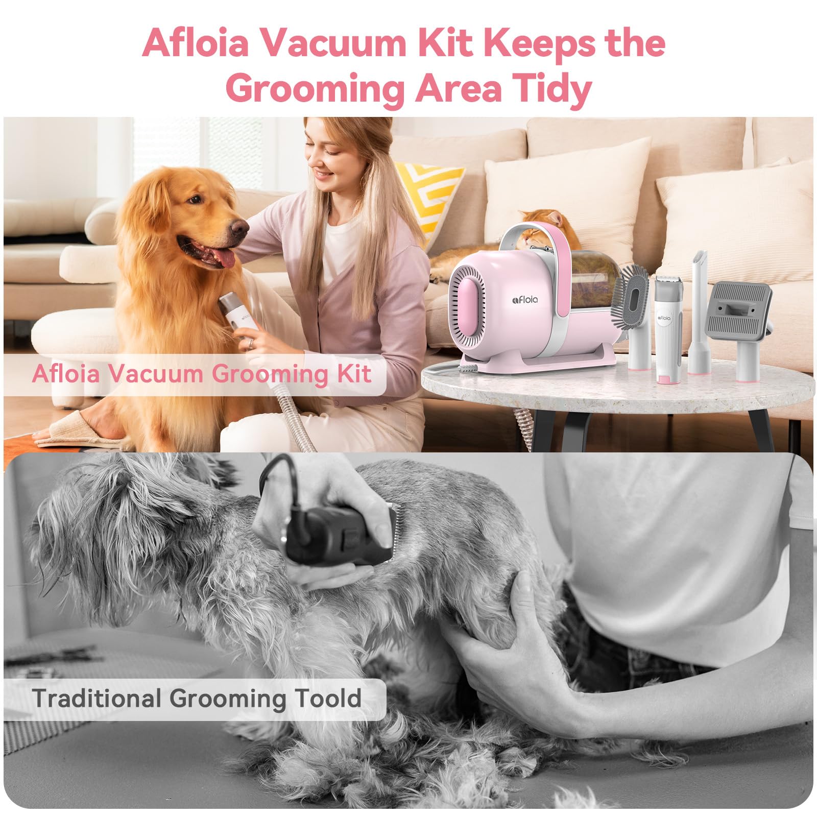 6-in-1 Dog Grooming Kit, Pet Grooming Vacuum for Shedding, Dog Hair Vacuum with Clipper Nail Trimmer Grinder, Pet Brush Groomer at Home, Low Noise Cats Hair Remover, 1.5L Dust Cup, Pink