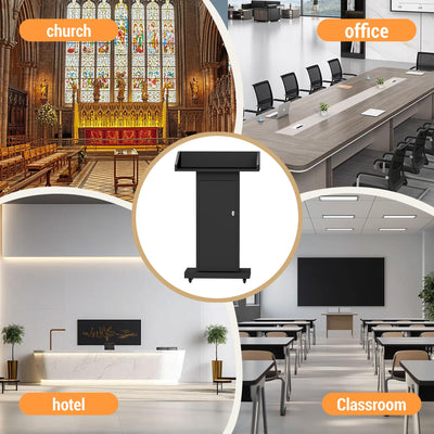 Heavy-Duty Black Metal Podium Stand with Lockable Wheels | Mobile Lectern with Storage Cabinet & Standard 44.56