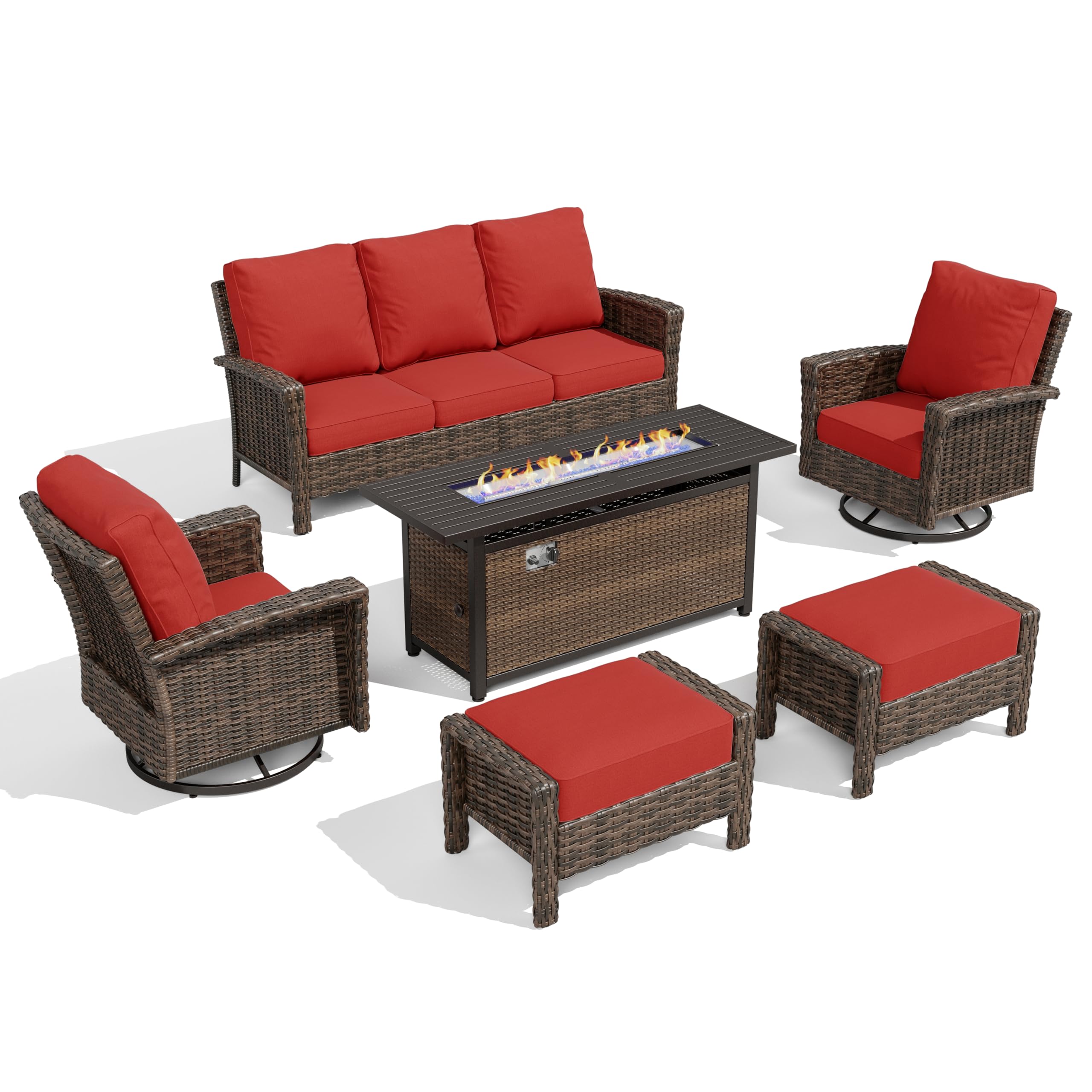 Red Patio Furniture Set, 6-Piece Outdoor Seating Conversation Sets with High Back Wicker Sofa, Swivel Chairs with 5.5